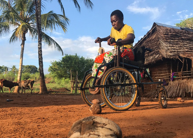 A local Kenyan lady manoeuvres her Safariseat wheelchair around a line of coconut shells. She is wearing a bright yellow top and a traditional orange patterned skirt with bare feet. The ground is a rich orange colour with the sandy soil and there are two palm trees in the background next to her mud hut, with a couple of skinny cows standing in the shade.