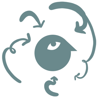 A minimalist cartoon head surrounded by swirling arrows pointing towards it like a thought process