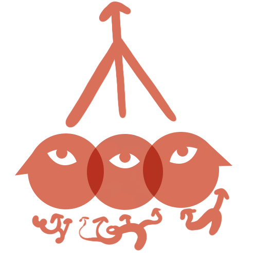 Three minimalist cartoon heads above swirling arrows pointing towards them. A line comes out of each head and the three join together to join one thicker line which points upwards like a collective thought