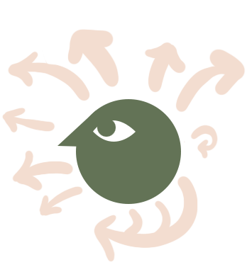 A minimalist cartoon head surrounded by swirling arrows pointing away from it to represent sharing knowledge.