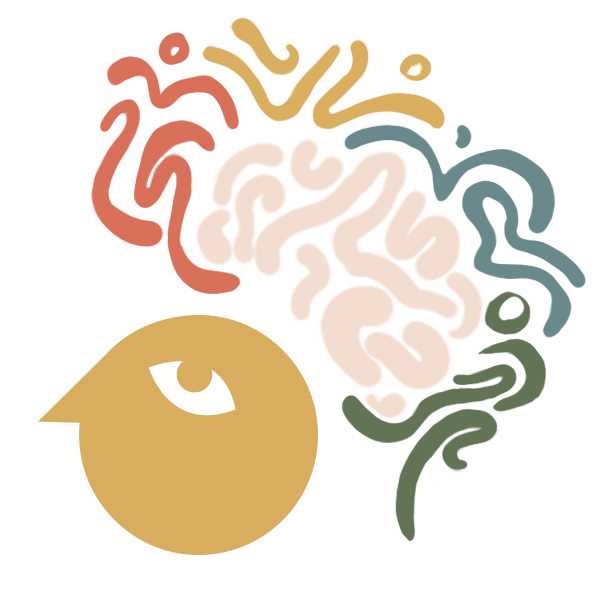 A minimalist cartoon head surrounded by swirling colourful lines in the shape of a brain-shaped thought bubble
