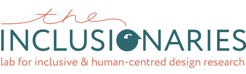 The inclusionaries Logo - the letter o in the middle is in the shape of a minimalist cartoon head with an eye. The text is a dark teal and the subheading reads: lab for human-centred design, research and innovation. it is written in a dark orange colour. The background of this page is a natural peachy colour.